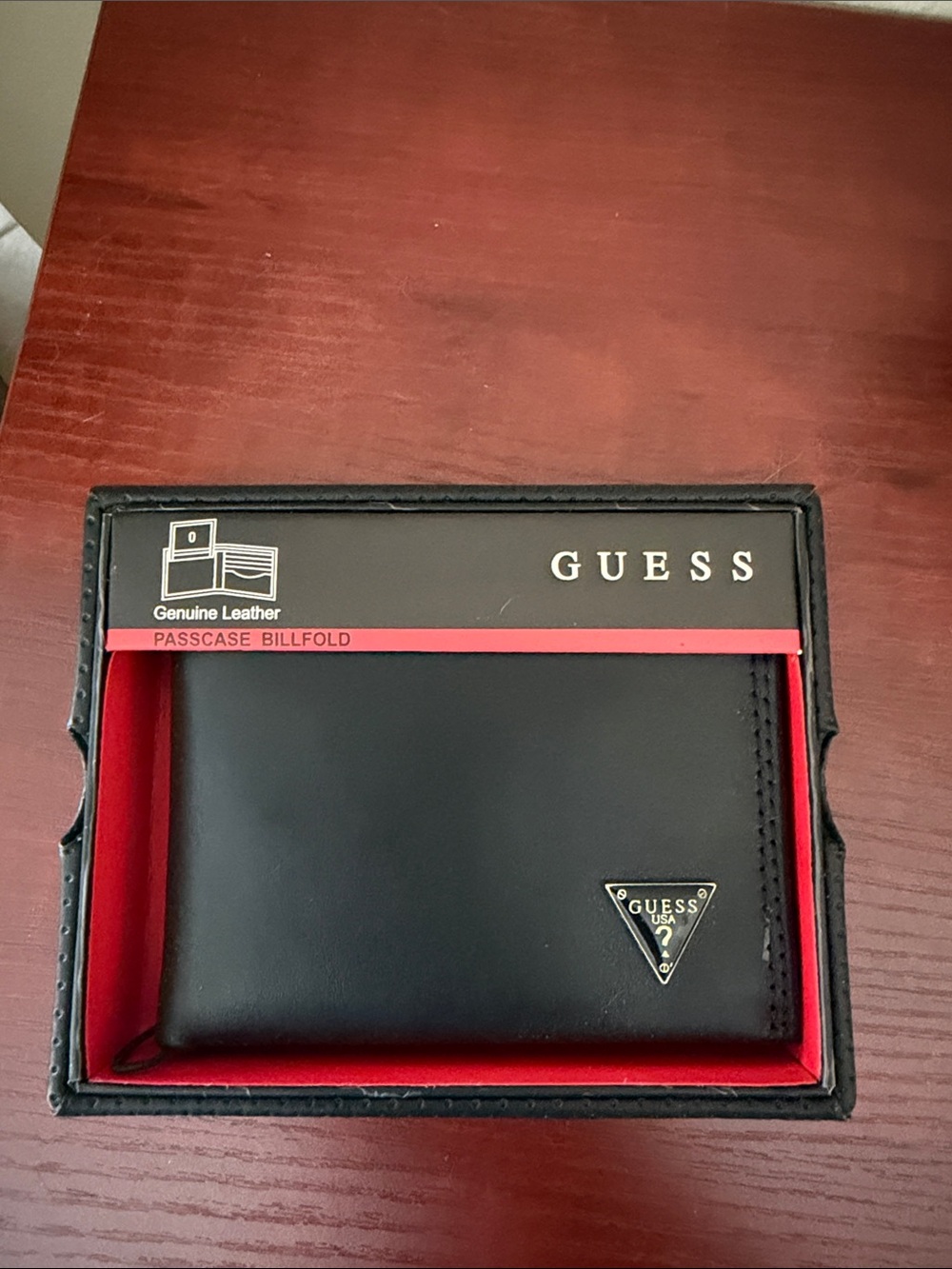 GUESS Black Leather Passcase Billfold Wallet with Gold Logo